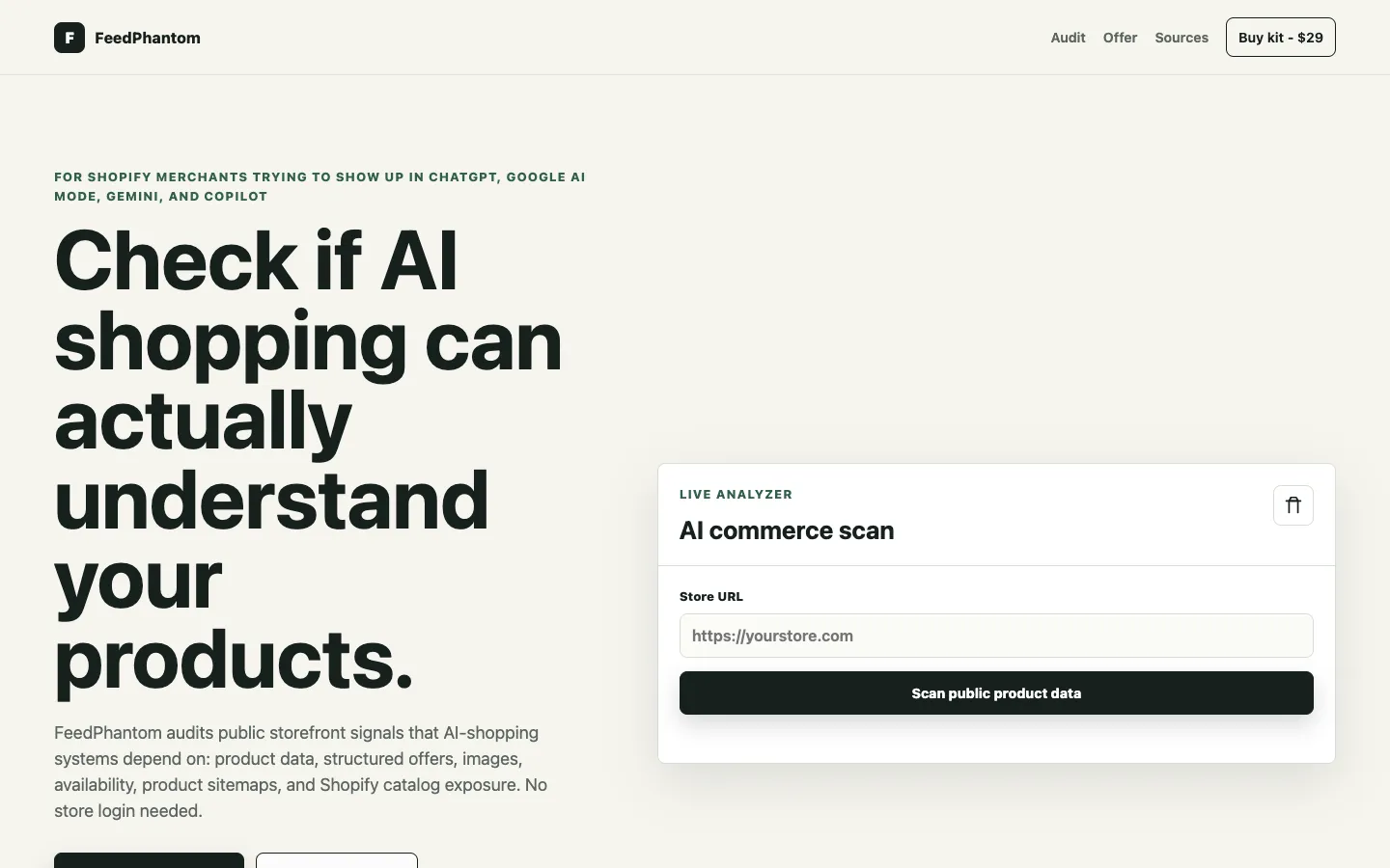 AI-shopping readiness page: the headline 'Check if AI shopping can actually understand your products.' and an AI commerce scan panel with a store URL field.