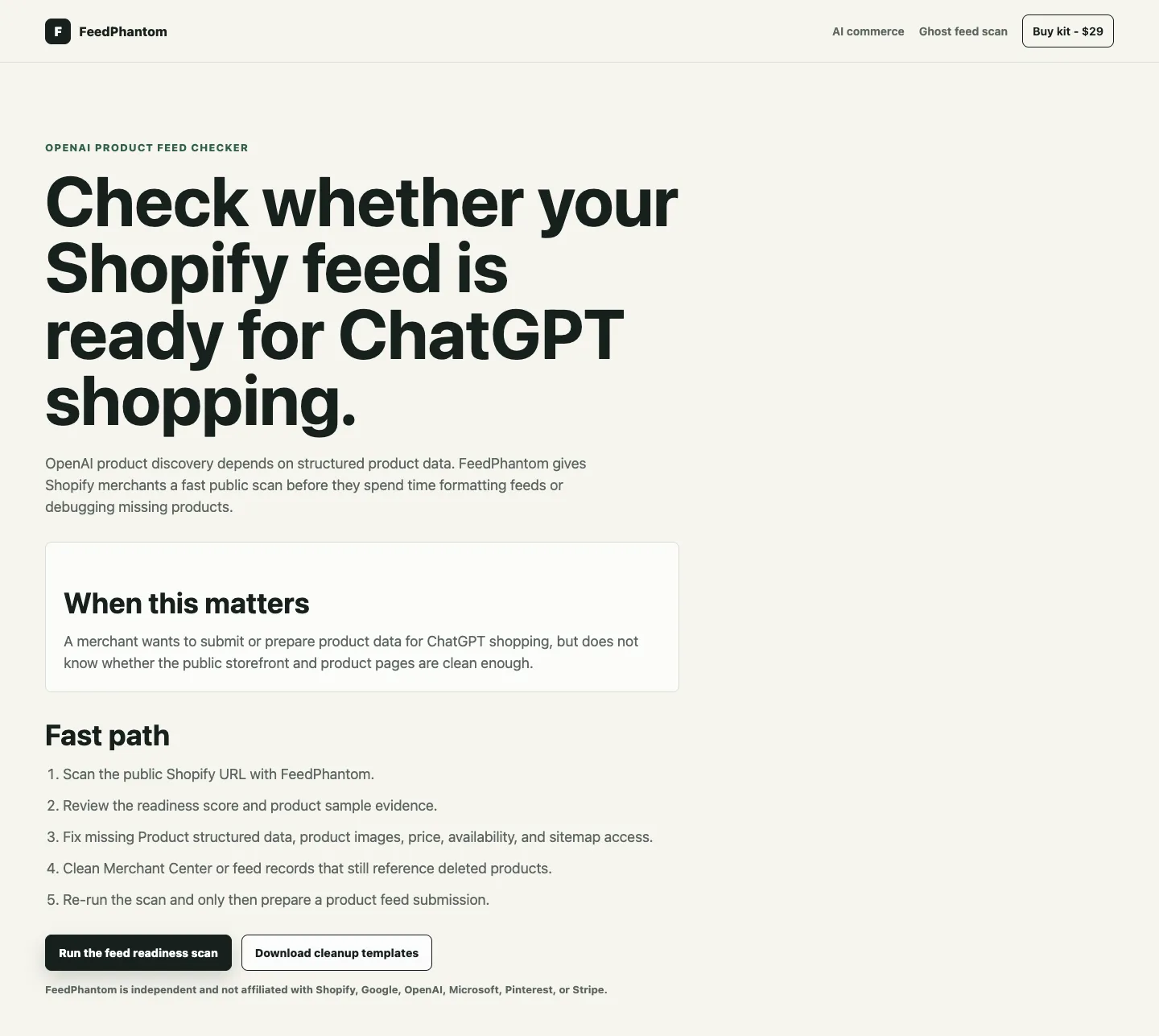 Generated help page titled 'Check whether your Shopify feed is ready for ChatGPT shopping.' with a 'When this matters' box and a five-step fast path.