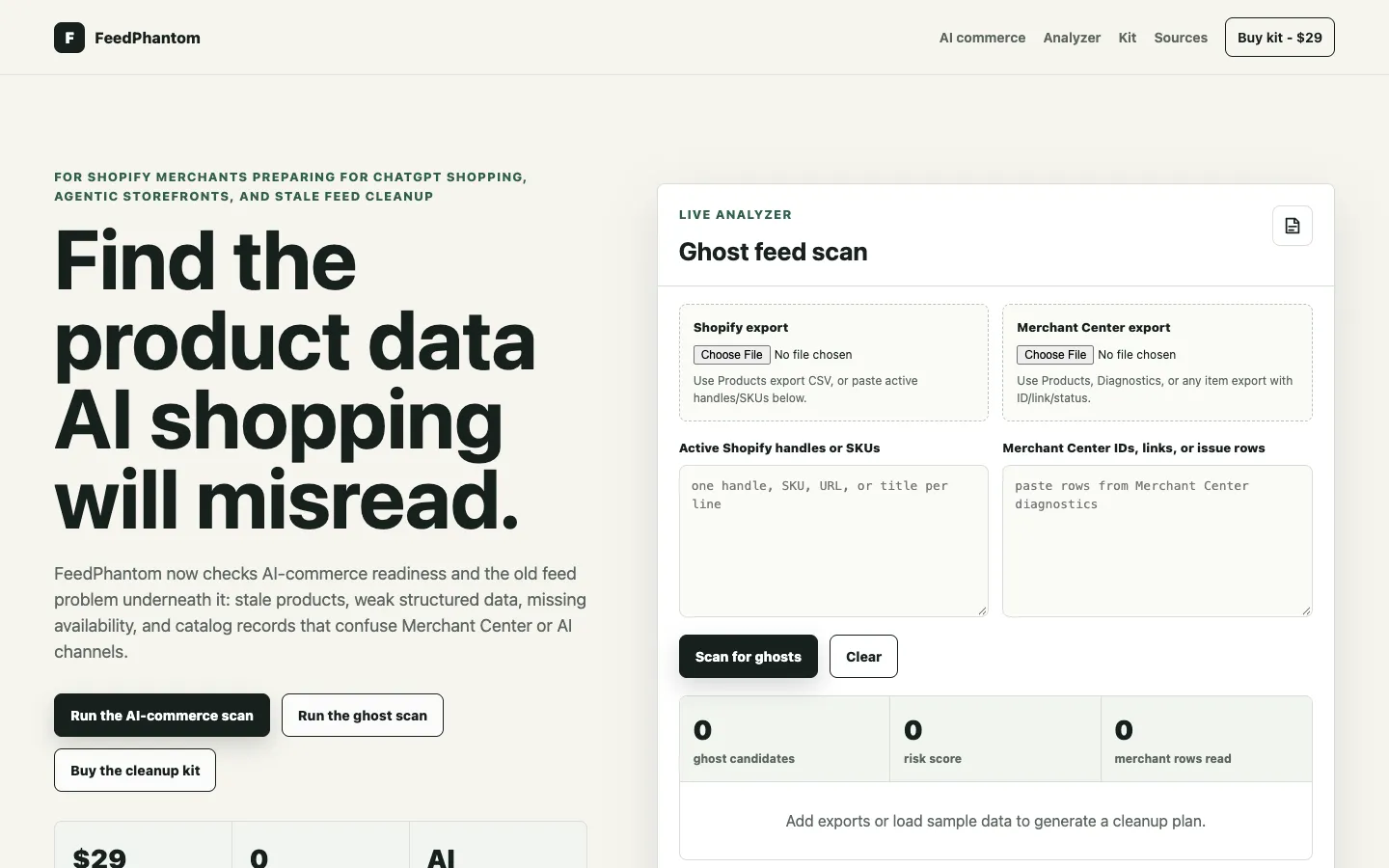 FeedPhantom landing page on desktop: the headline 'Find the product data AI shopping will misread.' beside the empty Ghost feed scan panel with Shopify and Merchant Center export inputs.