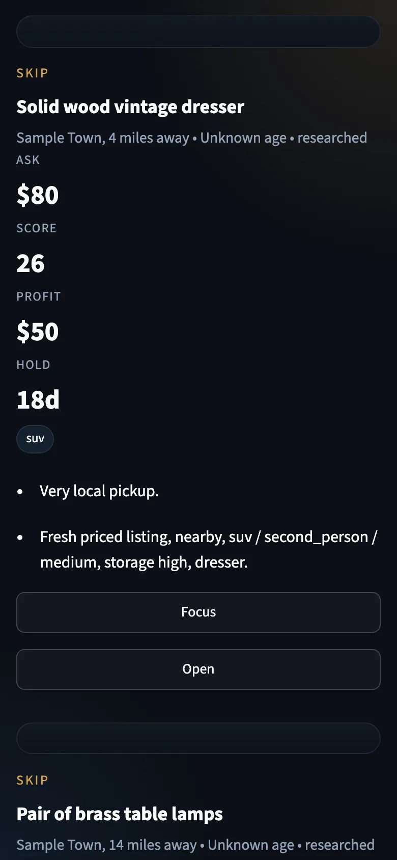The FlipScout queue at 390 pixels wide: the dresser card stacked in one column, with ask $80, score 26, profit $50 and hold 18 days, above the lamps card.