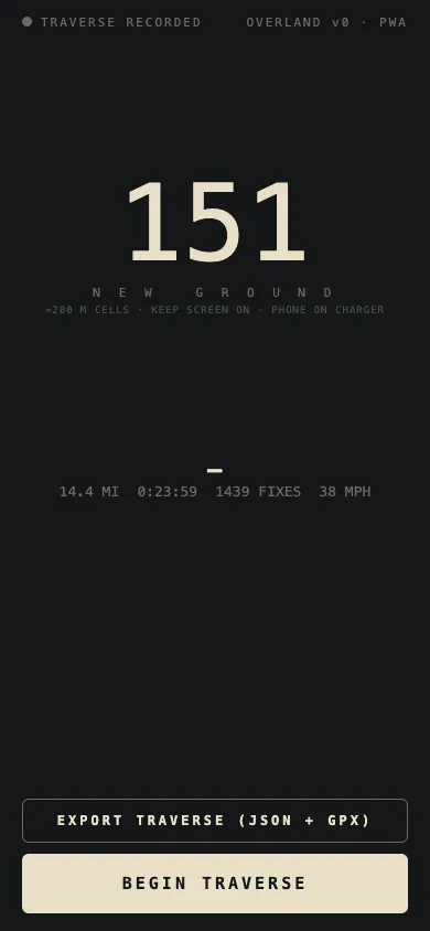 The web recorder after the traverse: 151 cells of new ground, 14.4 miles, 1,439 fixes, with buttons to export the traverse as JSON and GPX or begin another.