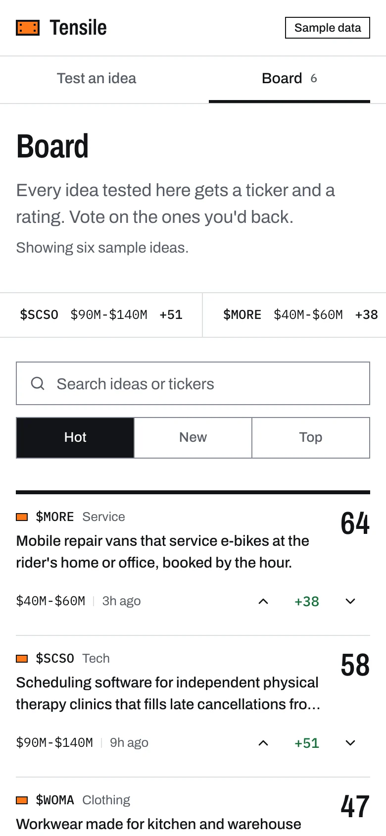 The board on a phone: a swipeable quote strip, a full-width search and sort control, and ideas in two-line rows with the ticker, category, idea text, market cap, age, vote buttons and the rating on the right.